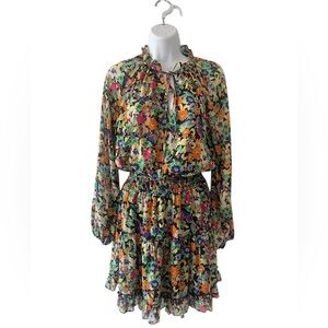 Lavender Brown floral mini dress long sleeve smocked waist tiered skirt  size XS